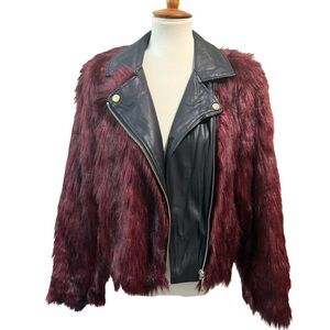 Guess Burgundy Faux Fur Moto Jacket Vegan Leather Collar Size M Love Bite Berry